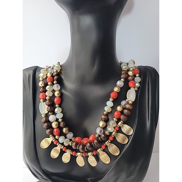 Vintage Necklace Beaded Gold Tone Double Strand Red Brown Jewelry Costume - Picture 1 of 14